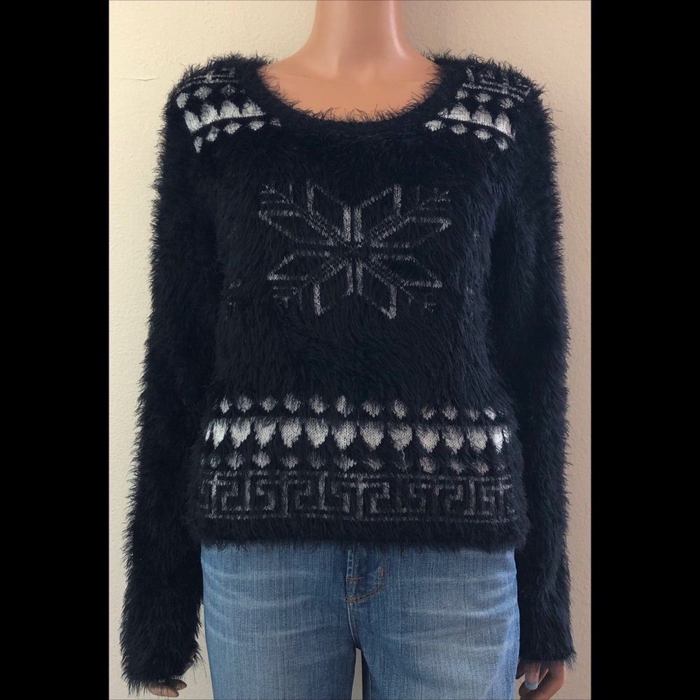 Black White Fuzzy Snowflake Sweater